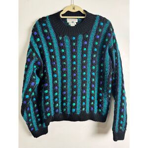 Casual Corner Limited Edition Hand Knit Black‎ Blue Wool Mohair Sweater Size:L